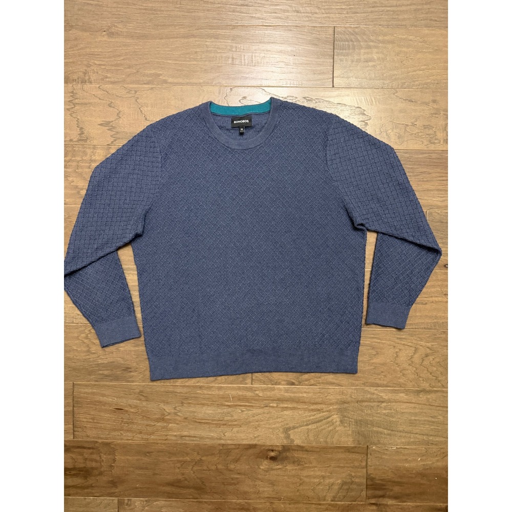 Bonobos Sweater Mens XXL Blue Cotton Diamond Textured Crewneck Pullover Casual